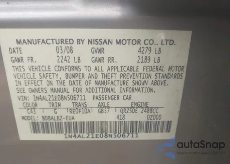 2008 Nissan Altima 2.5 S z USA, uszkodzony, nr VIN 1N4AL21E08N506711